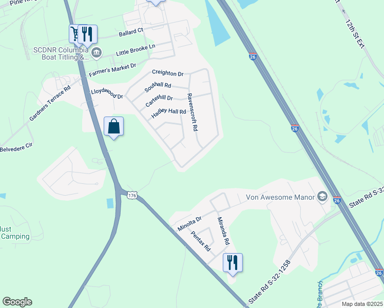 map of restaurants, bars, coffee shops, grocery stores, and more near 309A Lloydwood Drive in West Columbia