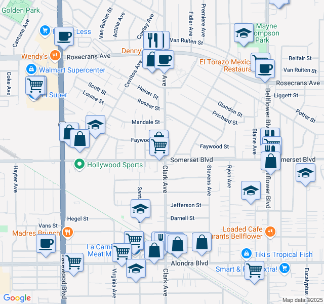 map of restaurants, bars, coffee shops, grocery stores, and more near 9354 Greenwell Street in Bellflower