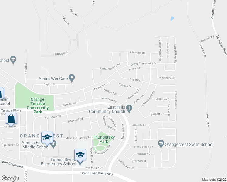 map of restaurants, bars, coffee shops, grocery stores, and more near 20552 Nathan Drive in Riverside