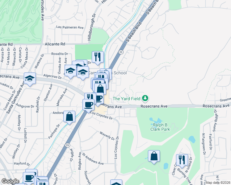 map of restaurants, bars, coffee shops, grocery stores, and more near Emery Ranch Road in Fullerton