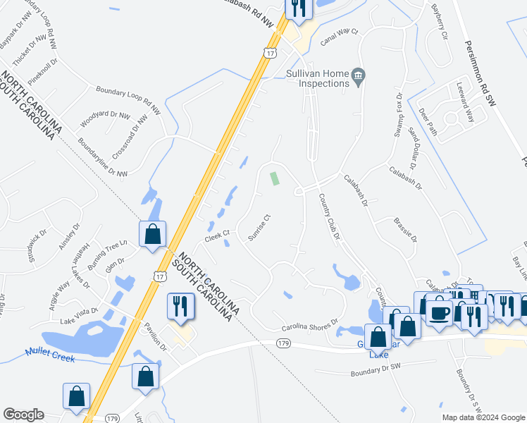 map of restaurants, bars, coffee shops, grocery stores, and more near 15 Sunrise Court in Carolina Shores