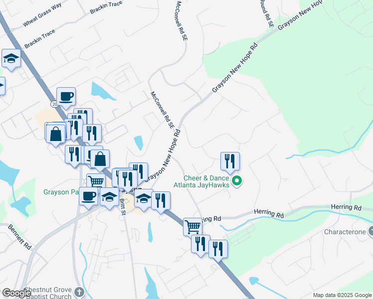 map of restaurants, bars, coffee shops, grocery stores, and more near 2041 Grayfield Dr in Grayson