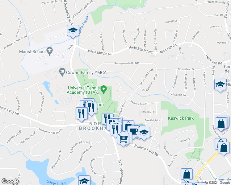 map of restaurants, bars, coffee shops, grocery stores, and more near 1533 Park Creek Cove Northeast in Atlanta