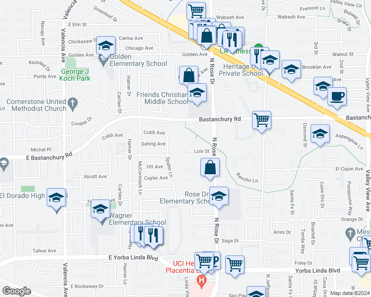 map of restaurants, bars, coffee shops, grocery stores, and more near 16631 Loie Street in Yorba Linda