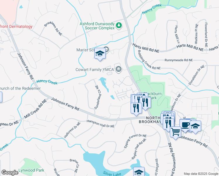 map of restaurants, bars, coffee shops, grocery stores, and more near 3650 Ashford Dunwoody Road Northeast in Brookhaven