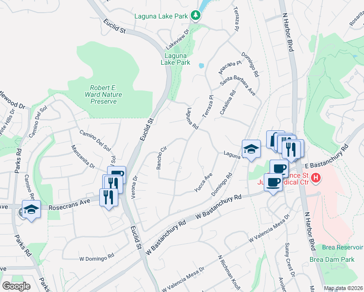 map of restaurants, bars, coffee shops, grocery stores, and more near 2225 Terraza Place in Fullerton