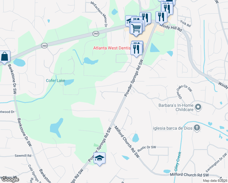 map of restaurants, bars, coffee shops, grocery stores, and more near 1940 Heritage Green Drive Southwest in Marietta