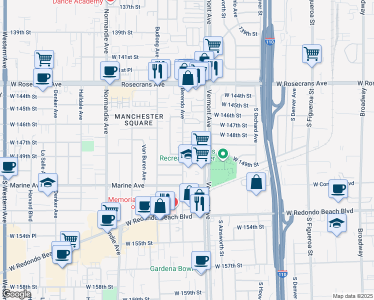map of restaurants, bars, coffee shops, grocery stores, and more near 14813 Vermont Avenue in Gardena