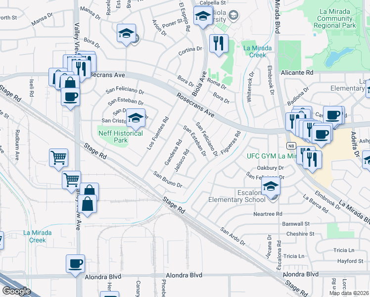map of restaurants, bars, coffee shops, grocery stores, and more near 14703 Jalisco Road in La Mirada