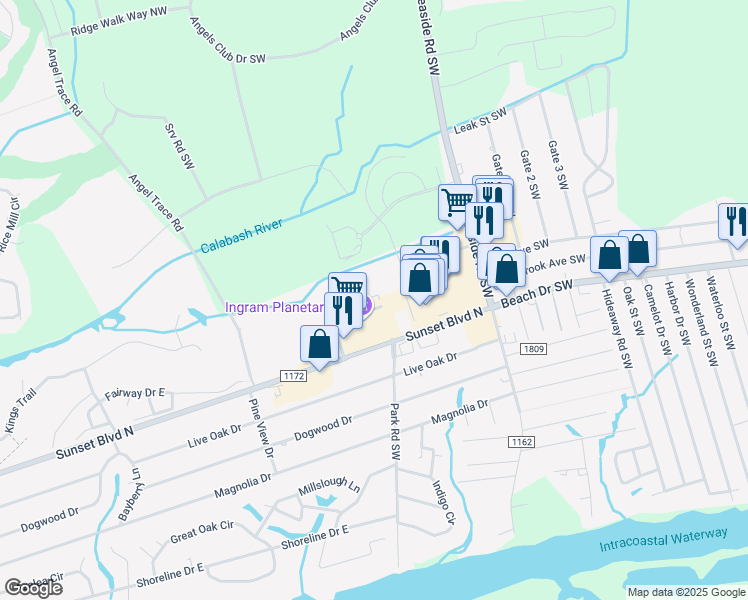 map of restaurants, bars, coffee shops, grocery stores, and more near 7602 High Market Street in Sunset Beach