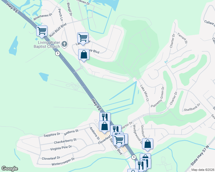 map of restaurants, bars, coffee shops, grocery stores, and more near Sun Colony Boulevard in Little River
