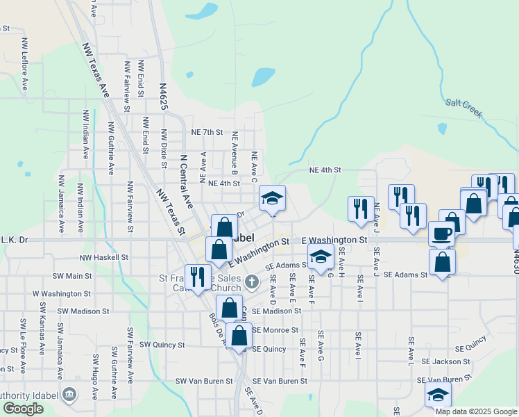 map of restaurants, bars, coffee shops, grocery stores, and more near 206 Northeast 3rd Street in Idabel