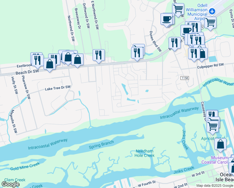 map of restaurants, bars, coffee shops, grocery stores, and more near 1611 Waterway Dr SW in Ocean Isle Beach