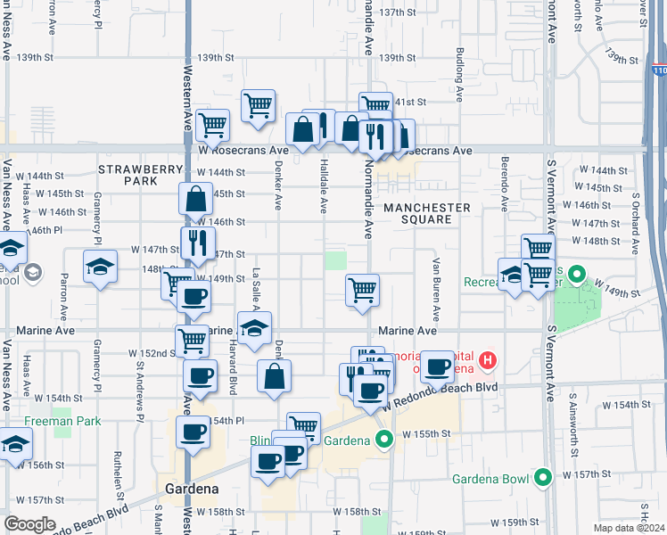 map of restaurants, bars, coffee shops, grocery stores, and more near 14708 Halldale Avenue in Gardena
