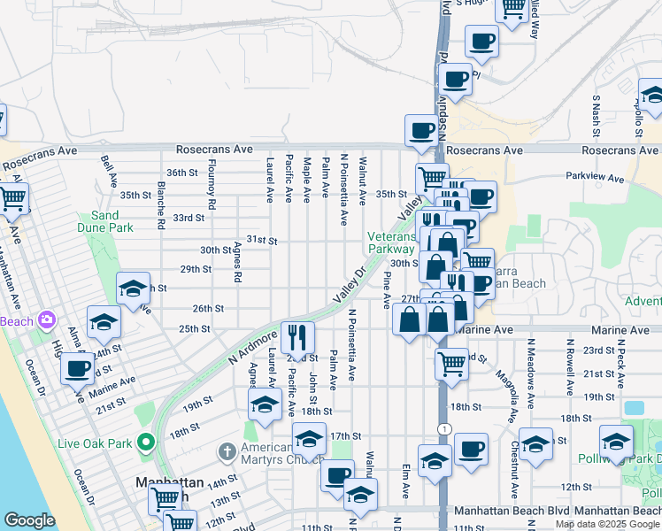 map of restaurants, bars, coffee shops, grocery stores, and more near 2904 Palm Avenue in Manhattan Beach
