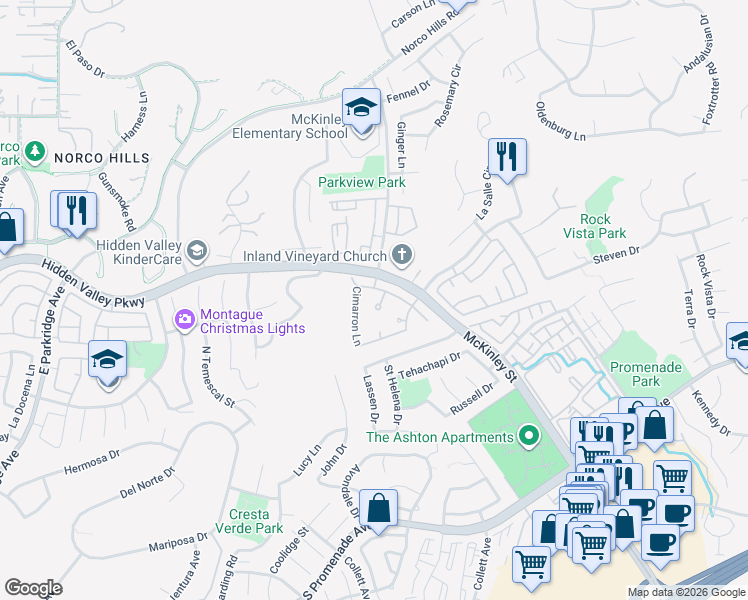 map of restaurants, bars, coffee shops, grocery stores, and more near 950 La Palma Circle in Corona
