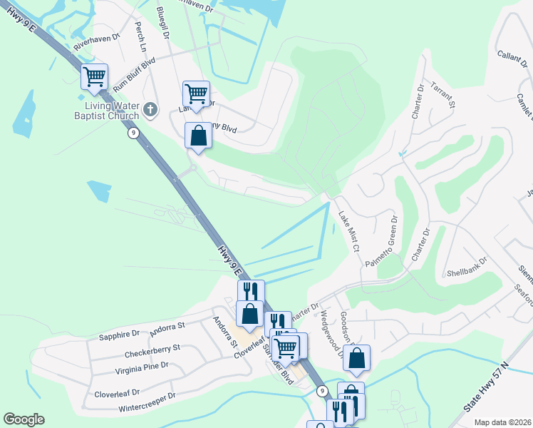 map of restaurants, bars, coffee shops, grocery stores, and more near Sun Colony Boulevard in Little River