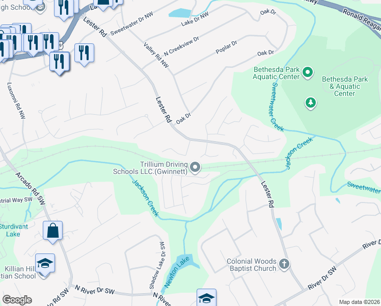 map of restaurants, bars, coffee shops, grocery stores, and more near 3794 Scarsborough Drive Southwest in Lawrenceville
