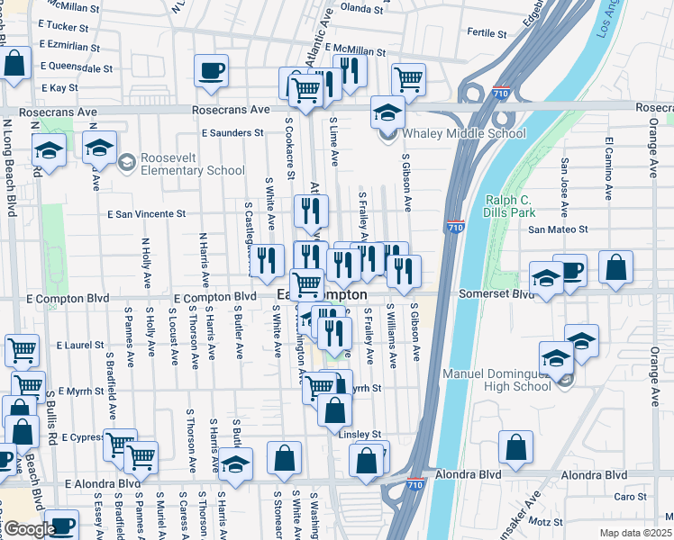 map of restaurants, bars, coffee shops, grocery stores, and more near 4521 East San Luis Street in East Compton