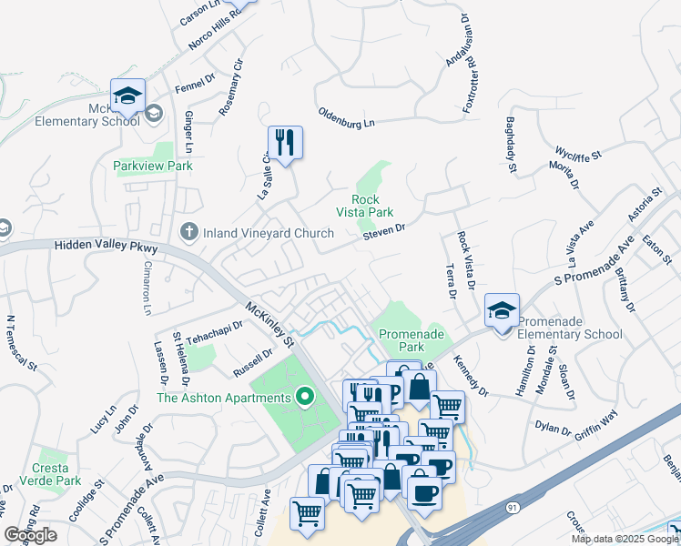 map of restaurants, bars, coffee shops, grocery stores, and more near 2321 Mount Humphries Circle in Corona
