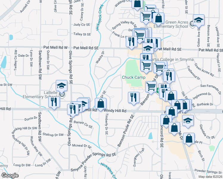 map of restaurants, bars, coffee shops, grocery stores, and more near 208 Okemah Trail in Marietta