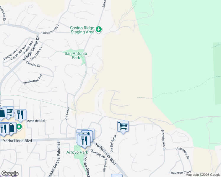 map of restaurants, bars, coffee shops, grocery stores, and more near 21381 Cloud Ridge in Yorba Linda