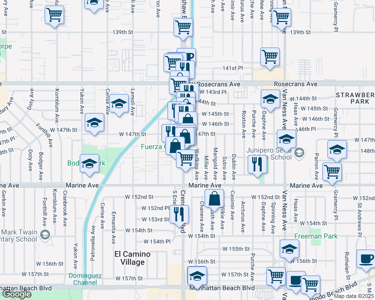 map of restaurants, bars, coffee shops, grocery stores, and more near 14810 Wadshan Alley in Gardena