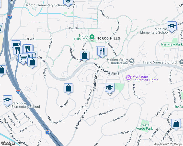 map of restaurants, bars, coffee shops, grocery stores, and more near 980 Palermo Lane in Corona