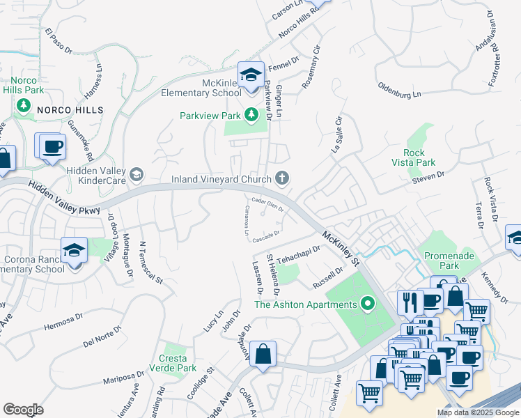 map of restaurants, bars, coffee shops, grocery stores, and more near 950 La Palma Circle in Corona