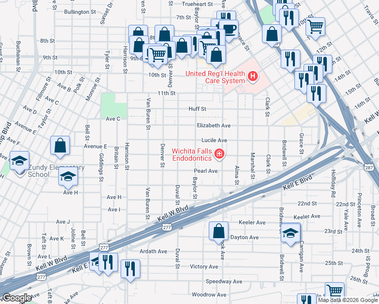 map of restaurants, bars, coffee shops, grocery stores, and more near 1804 Collins Avenue in Wichita Falls