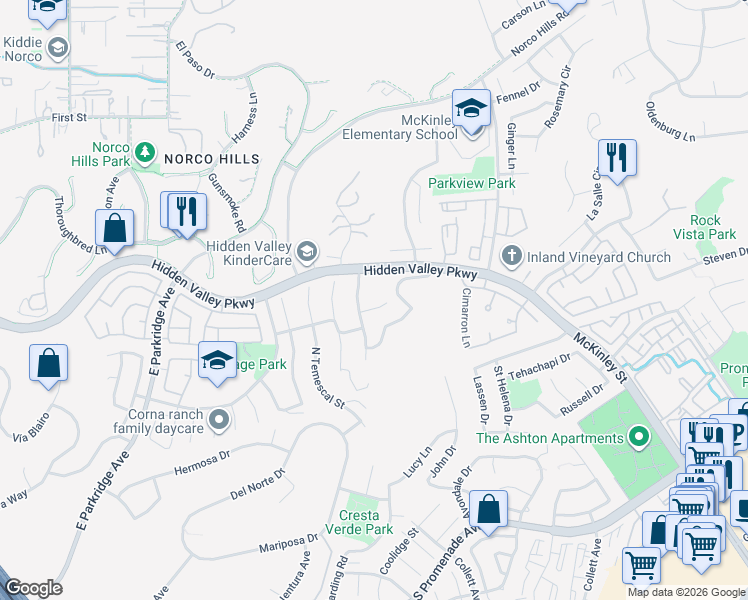 map of restaurants, bars, coffee shops, grocery stores, and more near 917 Allegre Drive in Corona