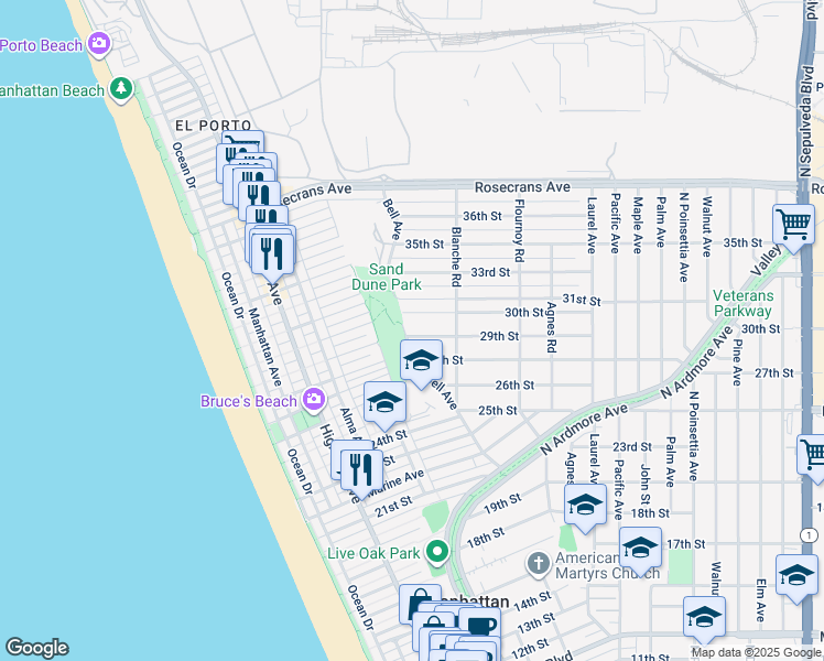 map of restaurants, bars, coffee shops, grocery stores, and more near 567 29th Street in Manhattan Beach