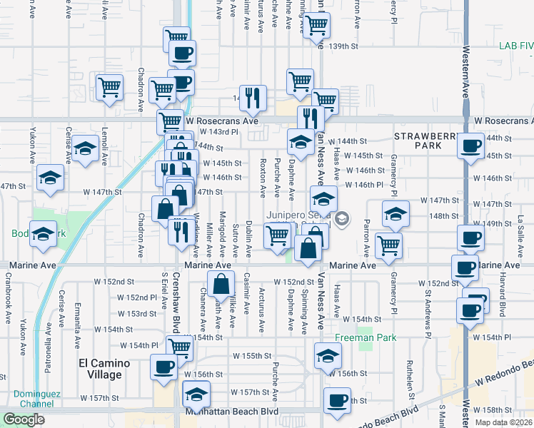 map of restaurants, bars, coffee shops, grocery stores, and more near 14782 Dublin Avenue in Gardena
