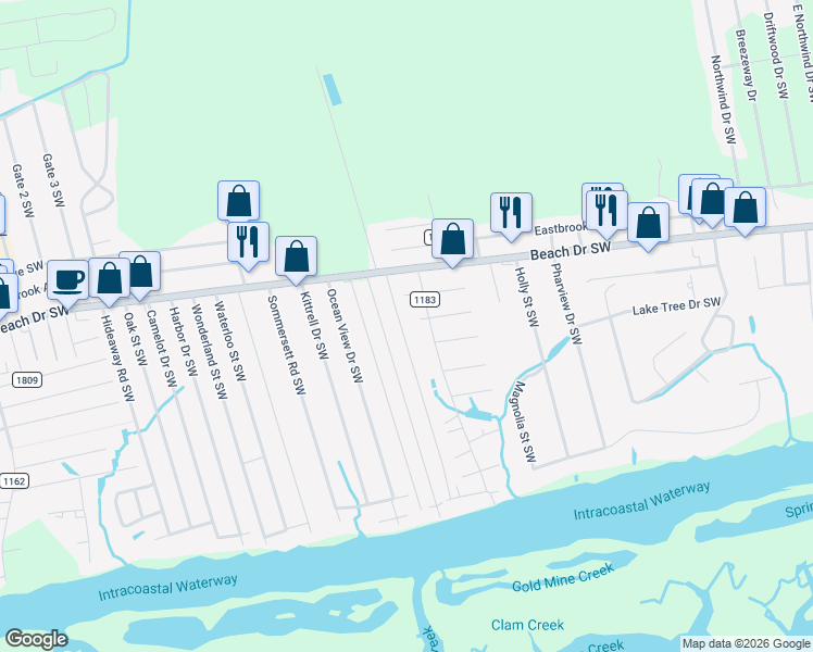 map of restaurants, bars, coffee shops, grocery stores, and more near 1811 Inland Dr SW in Ocean Isle Beach