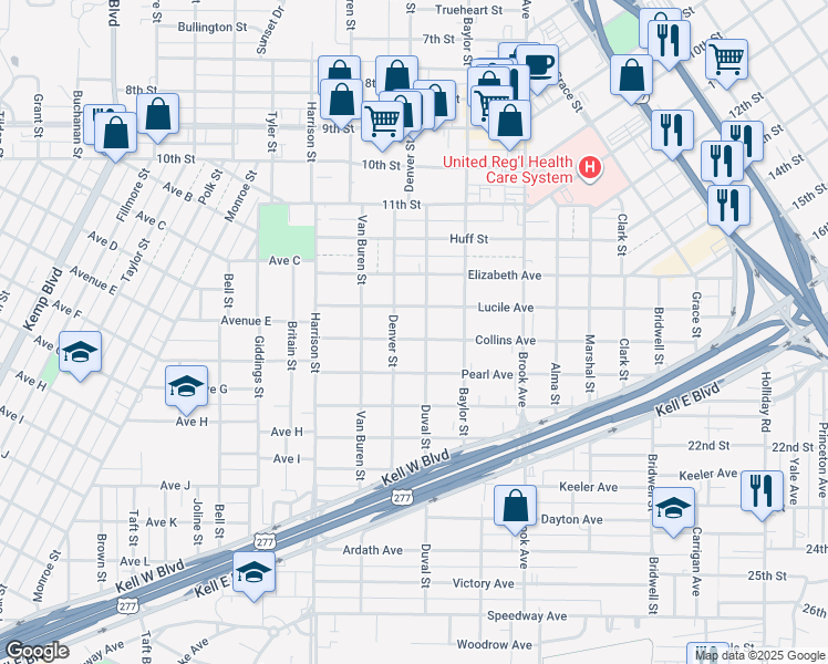 map of restaurants, bars, coffee shops, grocery stores, and more near 1818 Collins Avenue in Wichita Falls