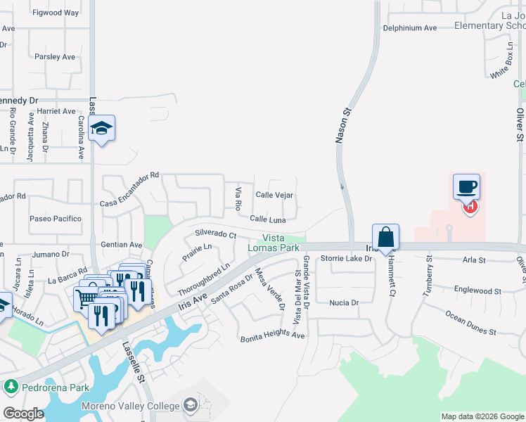 map of restaurants, bars, coffee shops, grocery stores, and more near 26800 Calle Luna in Moreno Valley