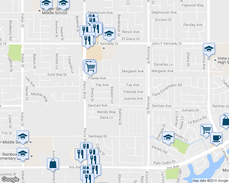 map of restaurants, bars, coffee shops, grocery stores, and more near 15394 Eleanor Lane in Moreno Valley