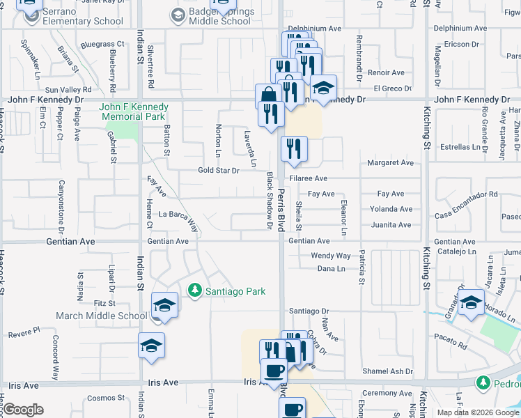 map of restaurants, bars, coffee shops, grocery stores, and more near 24932 El Braso Drive in Moreno Valley