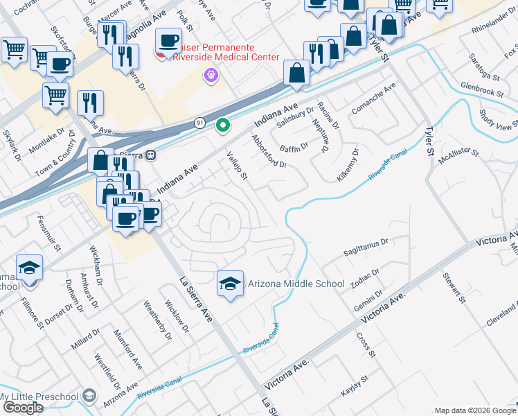 map of restaurants, bars, coffee shops, grocery stores, and more near 3133 Calle La Paz in Riverside