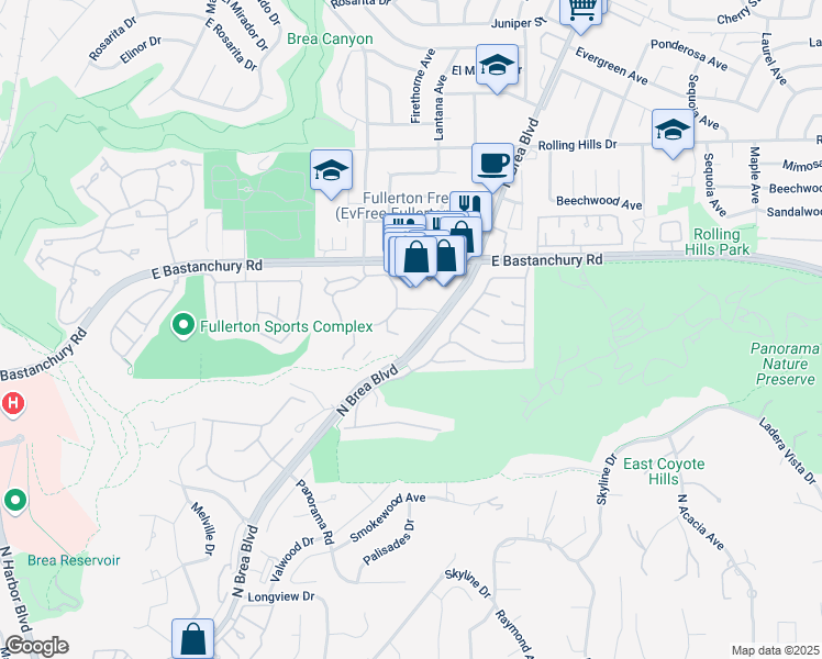 map of restaurants, bars, coffee shops, grocery stores, and more near 2525 North Brea Boulevard in Fullerton