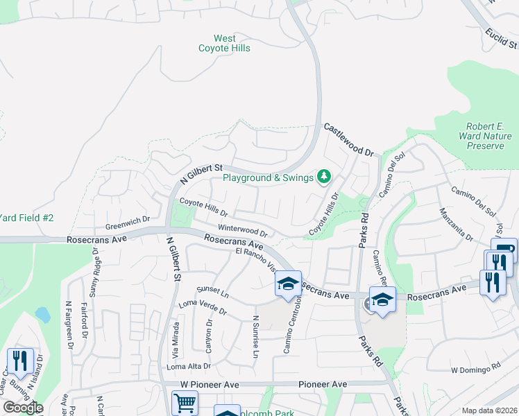 map of restaurants, bars, coffee shops, grocery stores, and more near 2201 Heritage Way in Fullerton