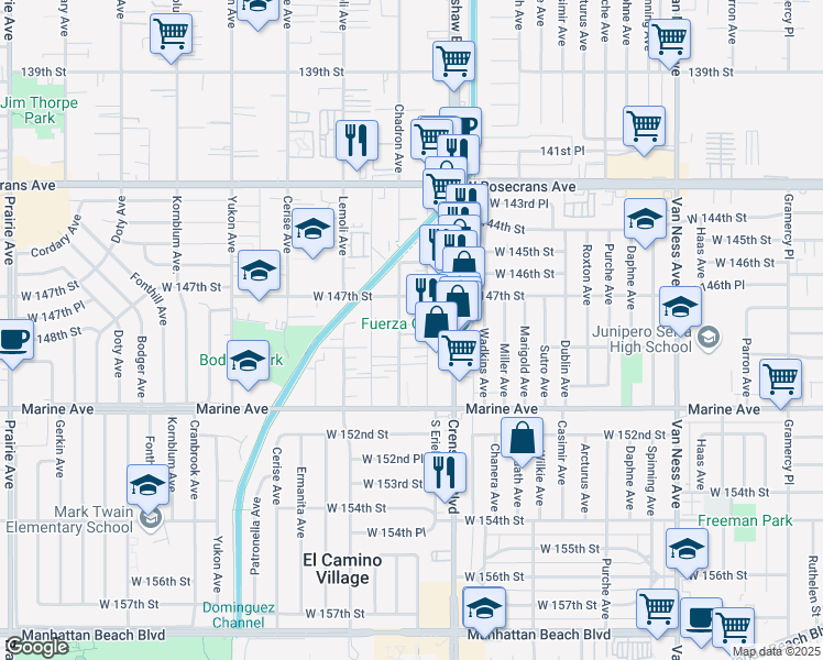 map of restaurants, bars, coffee shops, grocery stores, and more near 11848 Manor Dr in El Camino Village