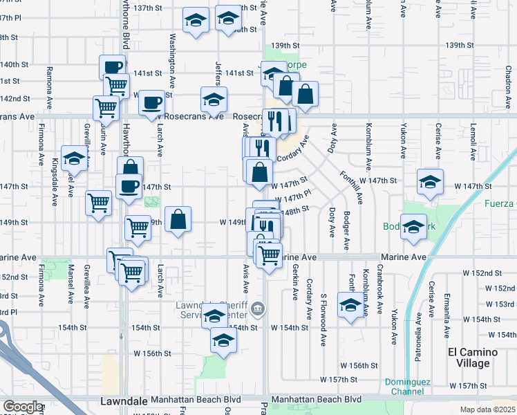 map of restaurants, bars, coffee shops, grocery stores, and more near 14819 Prairie Avenue in Lawndale