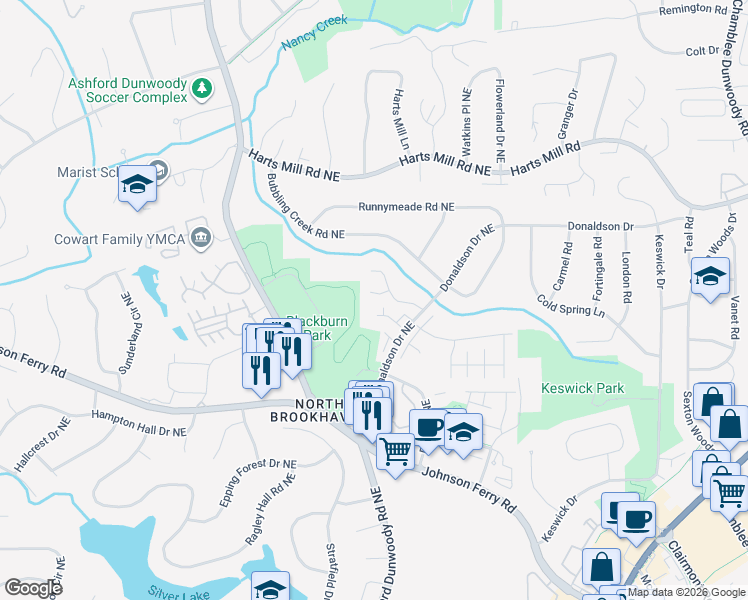 map of restaurants, bars, coffee shops, grocery stores, and more near 1533 Park Creek Cove Northeast in Atlanta