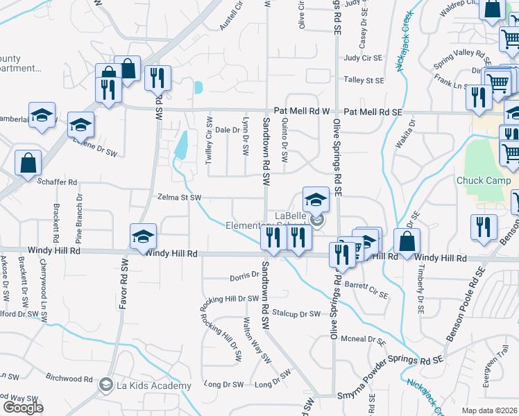 map of restaurants, bars, coffee shops, grocery stores, and more near 2300 Sandtown Road Southwest in Marietta