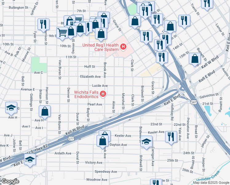 map of restaurants, bars, coffee shops, grocery stores, and more near 1653 Lucile Avenue in Wichita Falls