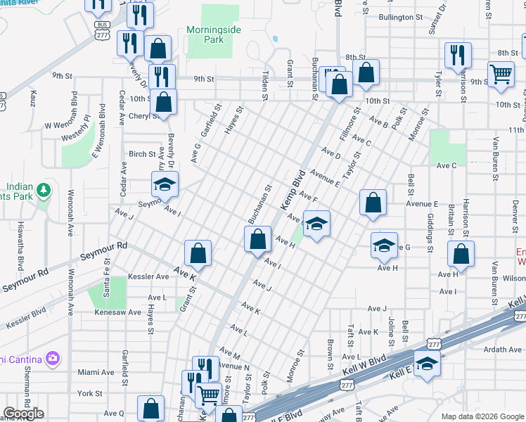 map of restaurants, bars, coffee shops, grocery stores, and more near 1709 Buchanan Street in Wichita Falls