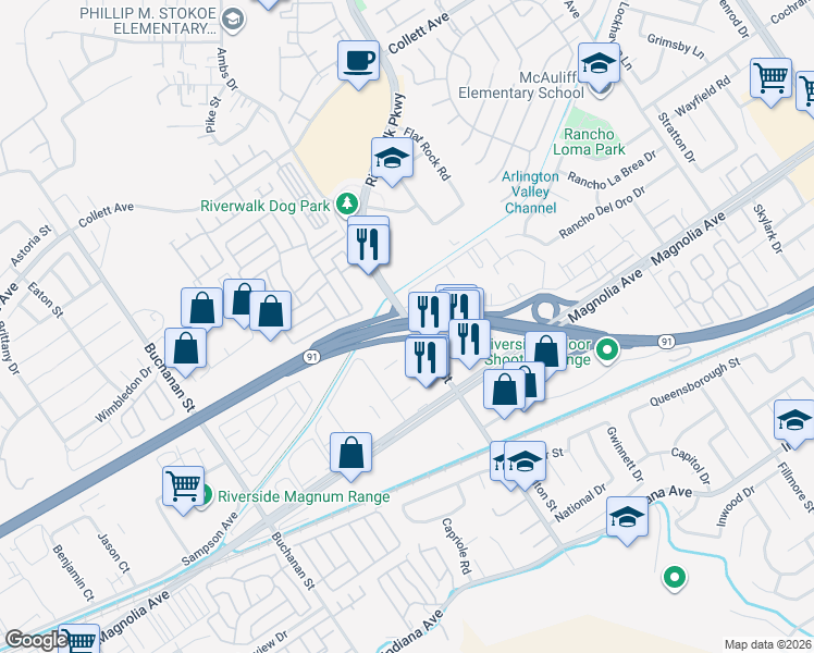 map of restaurants, bars, coffee shops, grocery stores, and more near 3890 Pierce Street in Riverside