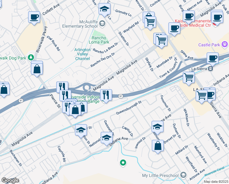 map of restaurants, bars, coffee shops, grocery stores, and more near 11590 Magnolia Avenue in Riverside
