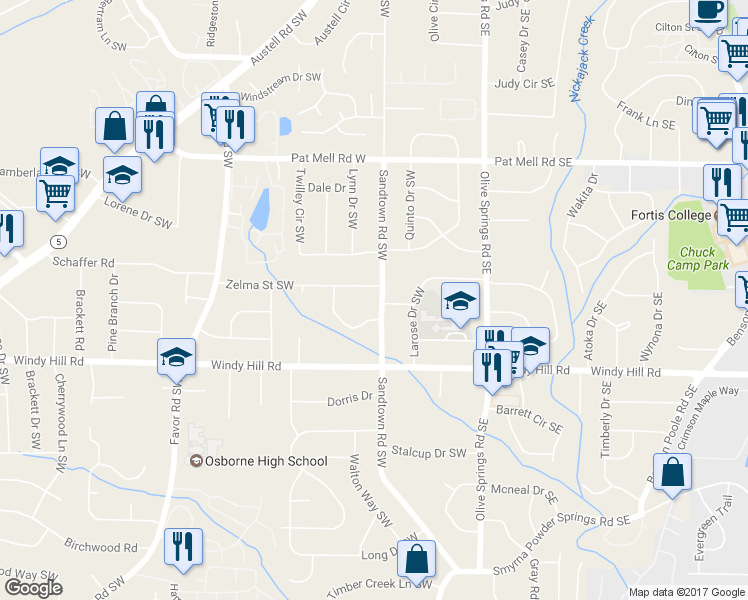 map of restaurants, bars, coffee shops, grocery stores, and more near 2300 Sandtown Road Southwest in Marietta